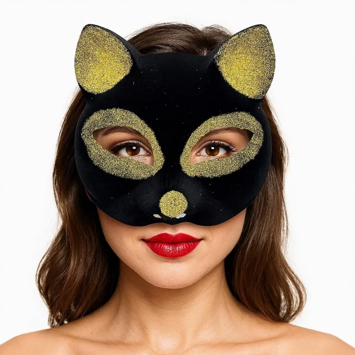  Siyah Renk Gold Simli Süet Kaplama Kedi Maskesi 18x14 cm