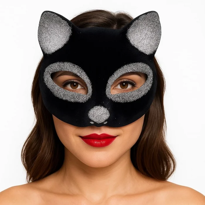 Siyah Renk Gümüş Simli Süet Kaplama Kedi Maskesi 18x14 cm