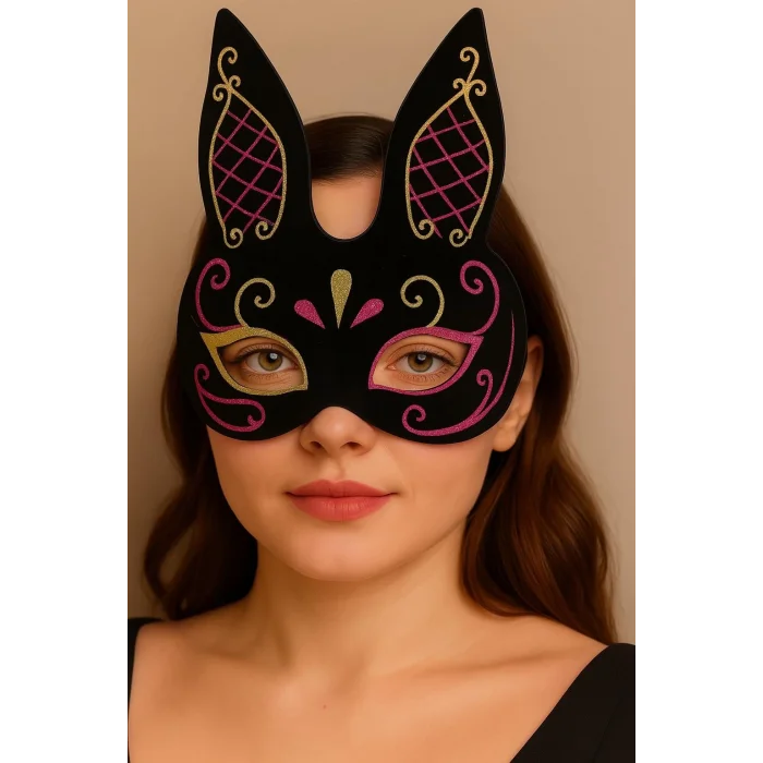  Siyah Renk Kırmızı Gold Simli Siyah Süet Kaplama Tavşan Maskesi 18x16 cm