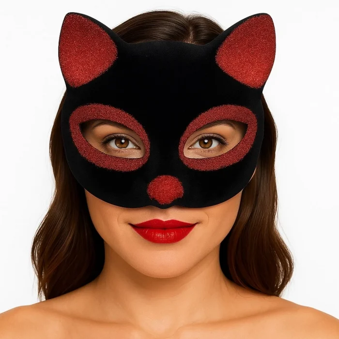  Siyah Renk Kırmızı Simli Süet Kaplama Kedi Maskesi 18x14 cm