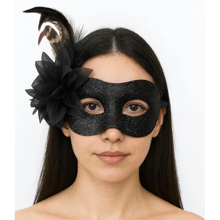  Siyah Renk Metalize Sim Görünümlü Parlak Tüylü Parti Maskesi 22x19 cm