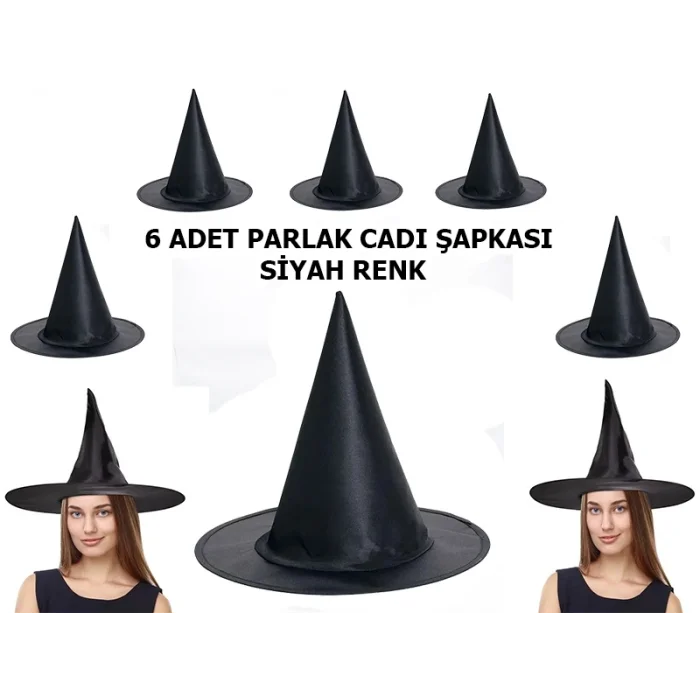 BUĞZ Siyah Renk Parlak Dralon Cadı Şapkası Yetişkin ve Çocuk Uyumlu 6 Adet