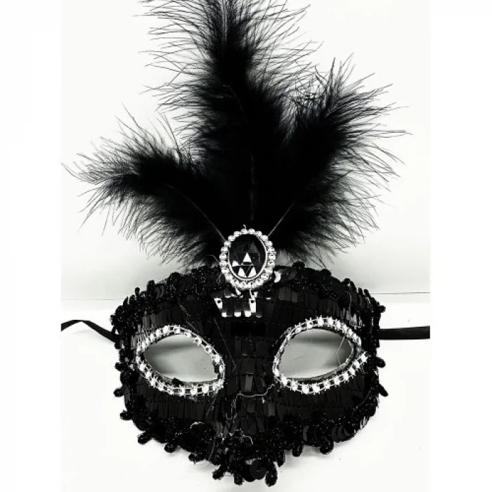 BUĞZ Siyah Renk Payetli Pullu Tüylü Parti Maskesi