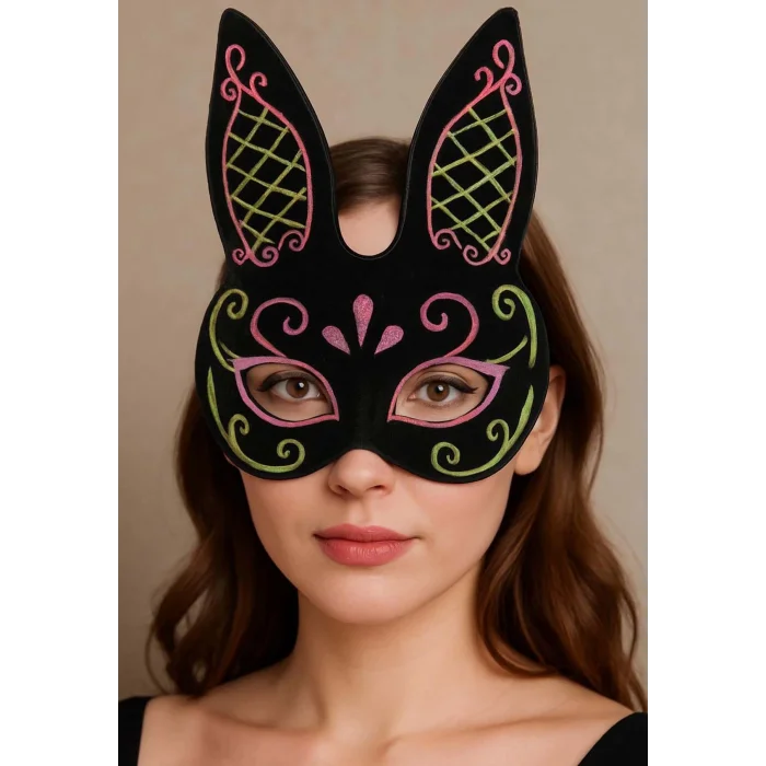  Siyah Renk Pembe Gold Simli Siyah Süet Kaplama Tavşan Maskesi 18x16 cm