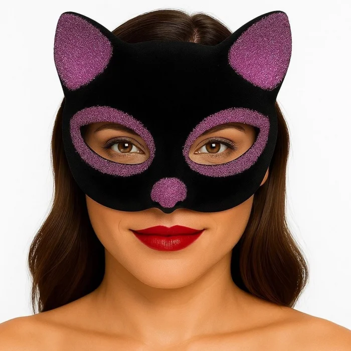 BUĞZ Siyah Renk Pembe Simli Süet Kaplama Kedi Maskesi 18x14 cm