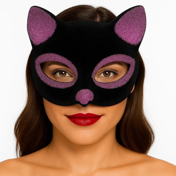  Siyah Renk Pembe Simli Süet Kaplama Kedi Maskesi 18x14 cm