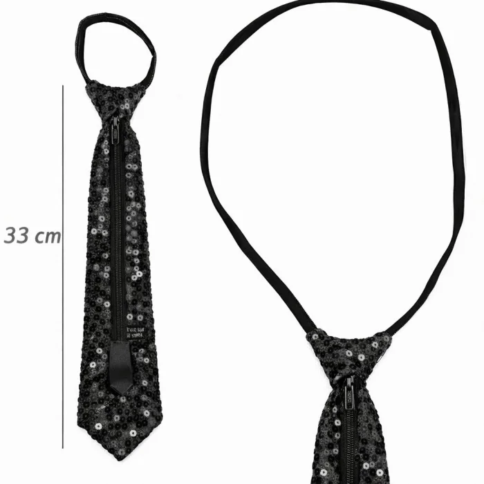 BUĞZ Siyah Renk Pul Payetli Işıltılı Parti Kravatı 33 cm