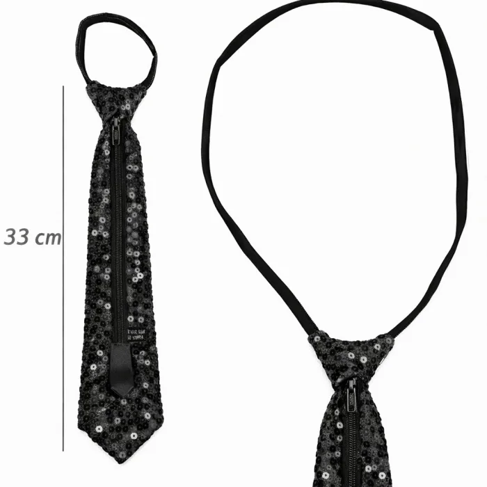 BUĞZ Siyah Renk Pul Payetli Işıltılı Parti Kravatı 33 cm