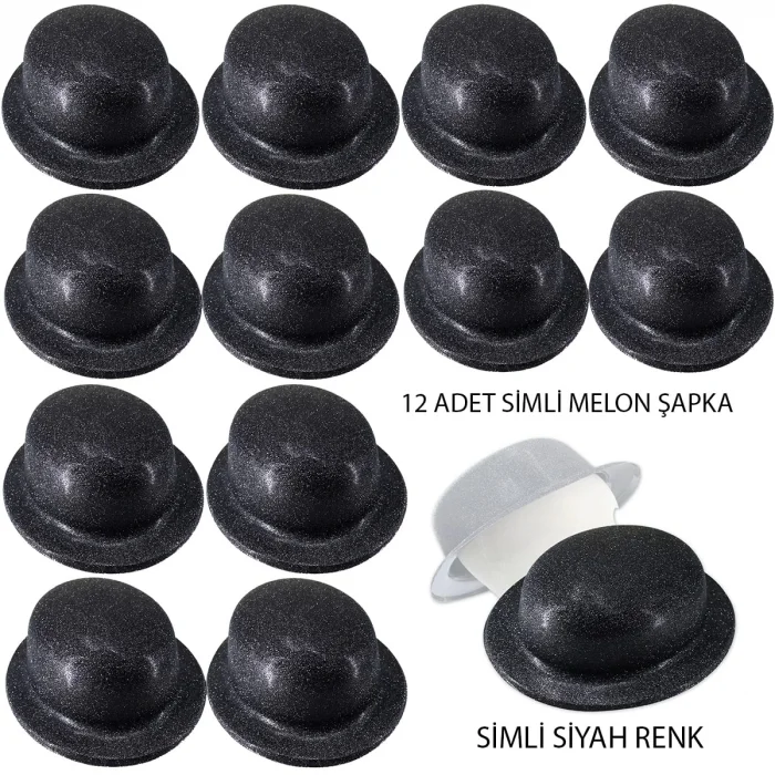 BUĞZ Siyah Renk Simli Melon Yuvarlak Parti Şapkası 12 Adet