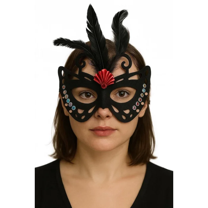 BUĞZ Siyah Renk Siyah Süet Kaplama Tüylü Kelebek Figür Parti Maskesi 24x18 cm