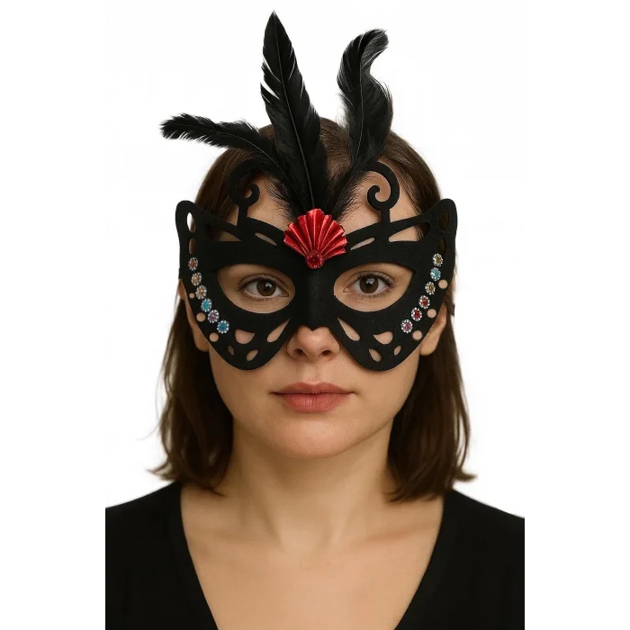  Siyah Renk Siyah Süet Kaplama Tüylü Kelebek Figür Parti Maskesi 24x18 cm