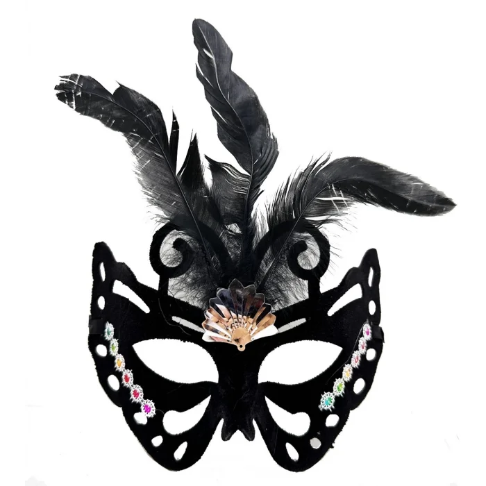 BUĞZ Siyah Renk Siyah Süet Kaplama Tüylü Kelebek Figür Parti Maskesi 24x18 Cm