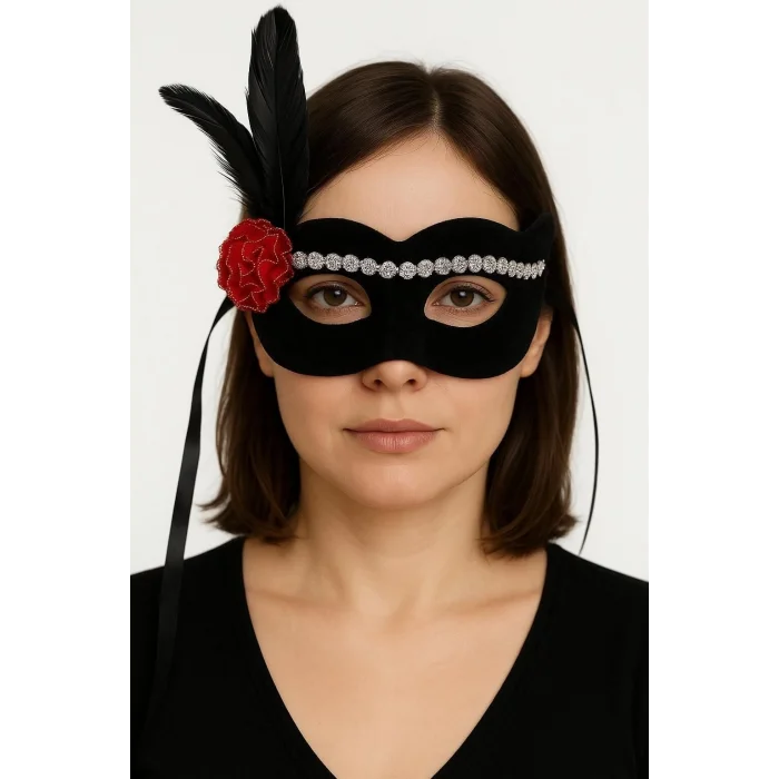 BUĞZ Siyah Renk Süet Kaplama Gümüş Dantelli Kırmızı Gül Tasarımlı Parti Maskesi 18x20 cm