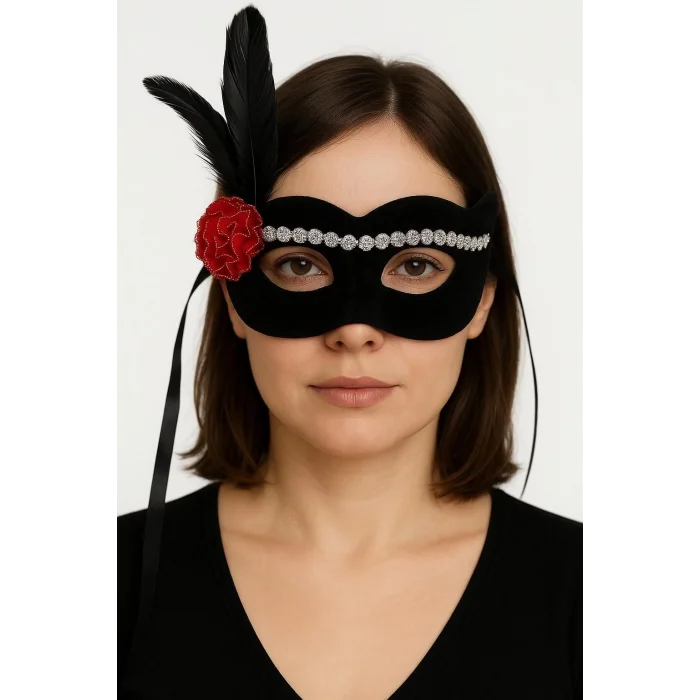  Siyah Renk Süet Kaplama Gümüş Dantelli Kırmızı Gül Tasarımlı Parti Maskesi 18x20 cm