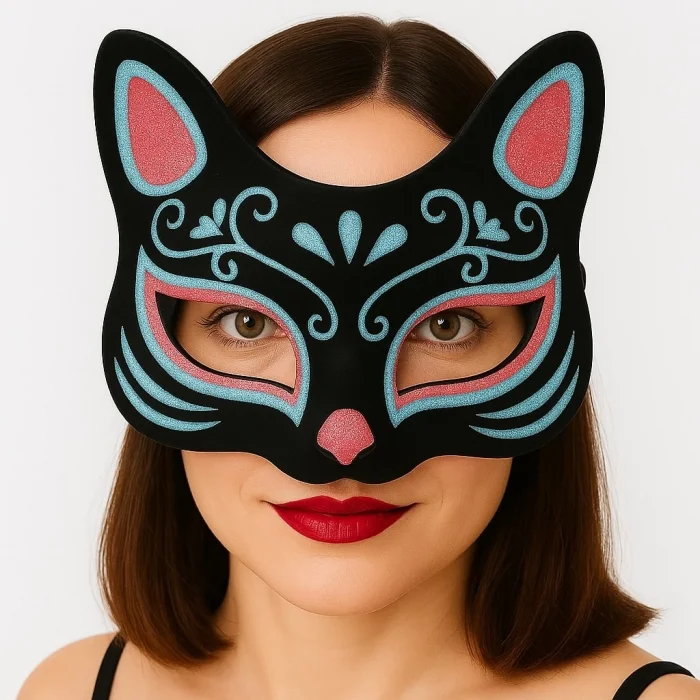  Siyah Renk Süet Kaplama Üzeri Mavi Kırmızı Simli Kedi Maskesi 17x14 cm