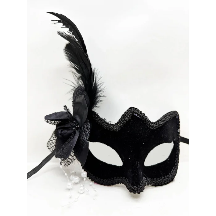 BUĞZ Siyah Renk Yandan Tüylü Beyaz İncili Süet Kaplama A Kalite Lüks Parti Maskesi 20x23 Cm