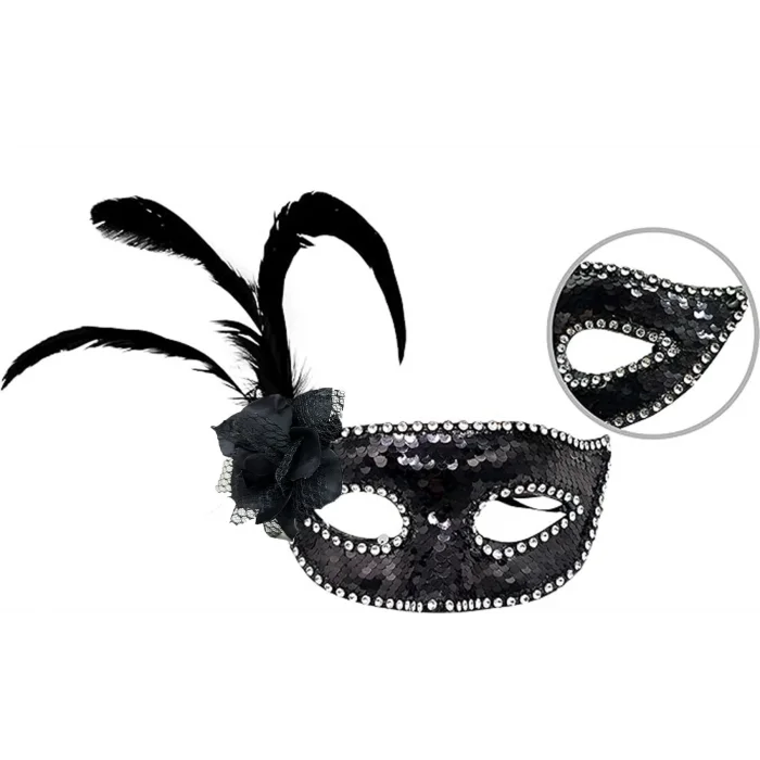 BUĞZ Siyah Renk Yandan Tüylü Güllü Gümüş Taşlı Pullu Maske 20x22 Cm