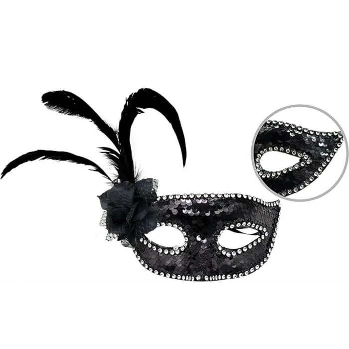  Siyah Renk Yandan Tüylü Güllü Gümüş Taşlı Pullu Maske 20x22 cm