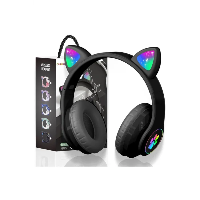 BUĞZ Siyah Renkli Kablosuz Bluetooth 5.0 Kulak Üstü Kulaklık, LED Işık Efekti ve Kedili Tasarım