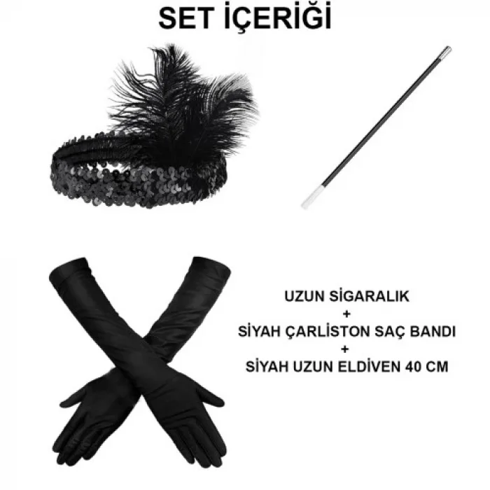 BUĞZ Siyah Retro Charliston Aksesuar Seti