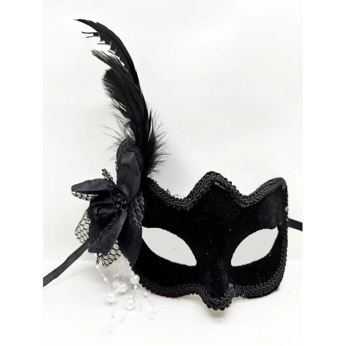 BUĞZ Siyah Süet Yandan Tüylü İncili Parti Maskesi