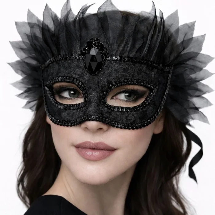 BUĞZ Siyah Taşlı Venedik Maskesi Lüks Tüllü Parti Maskesi