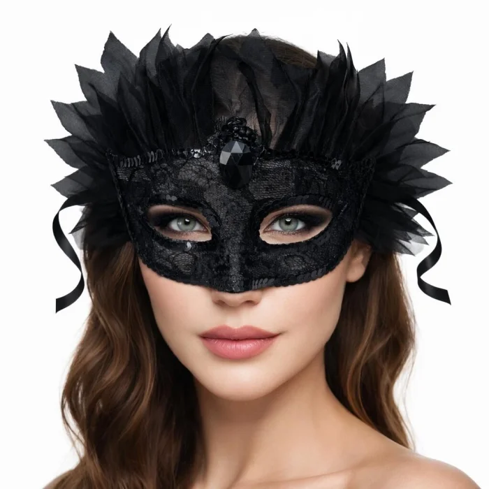 BUĞZ Siyah Taşlı Venedik Maskesi Lüks Tüllü Parti Maskesi