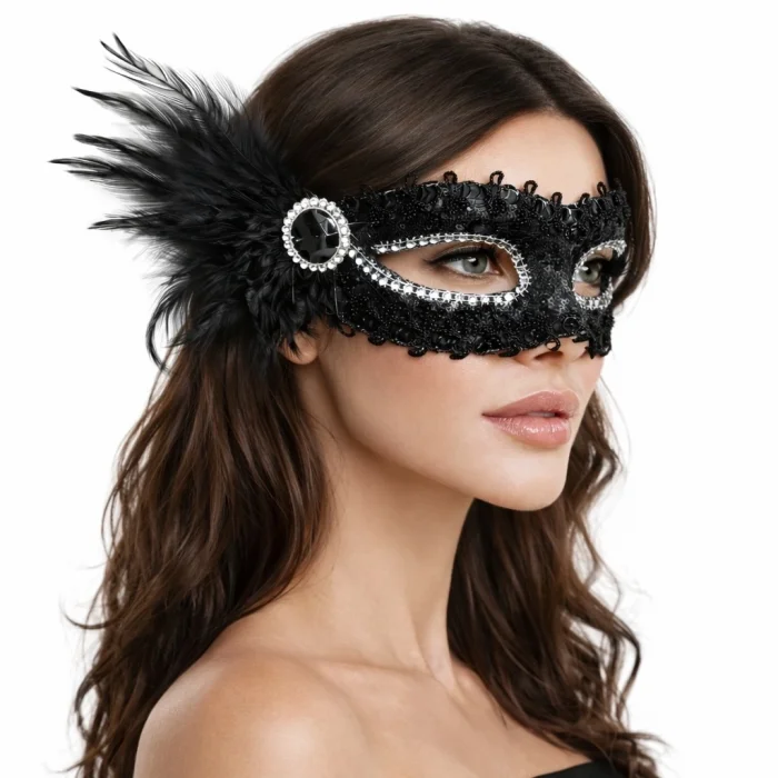 BUĞZ Siyah Taşlı Venedik Parti Maskesi – Tüylü Payetli