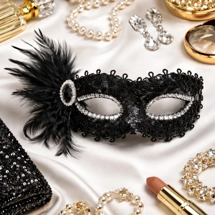 BUĞZ Siyah Taşlı Venedik Parti Maskesi – Tüylü Payetli