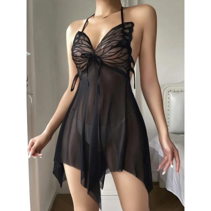 BUĞZ Siyah Transparan Kelebek Detaylı Tül Fantezi Gecelik 2243