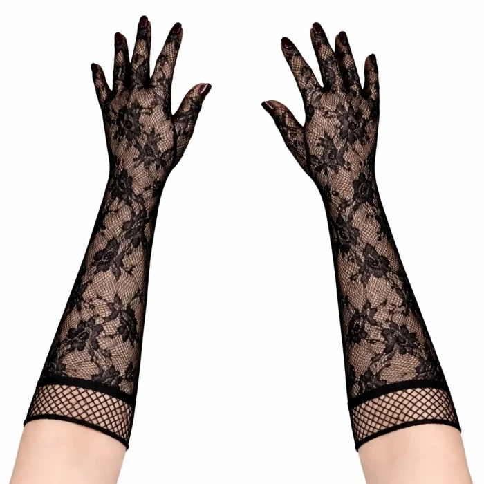 BUĞZ Siyah Uzun Gül Desenli Dantel Kadın Eldiveni