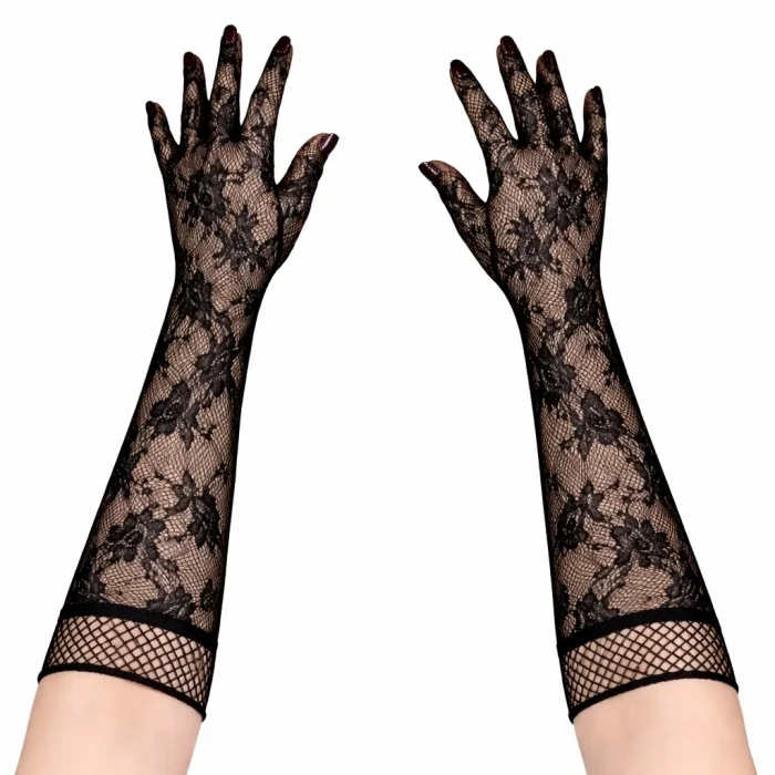 BUĞZ Siyah Uzun Gül Desenli Dantel Kadın Eldiveni