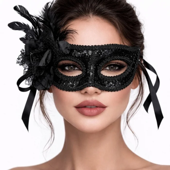 BUĞZ Siyah Venedik Parti Maskesi – Çiçekli Tüylü Payetli