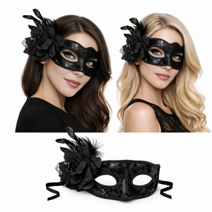 BUĞZ Siyah Venedik Parti Maskesi – Çiçekli Tüylü Payetli