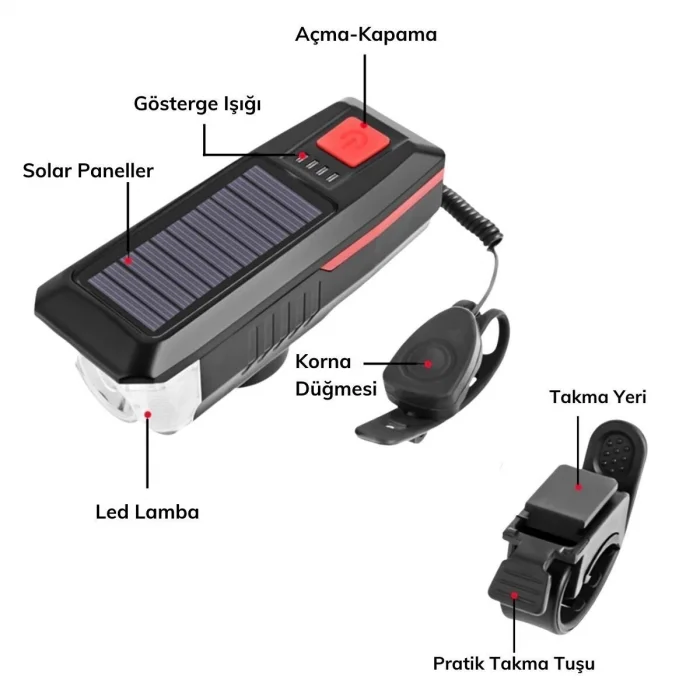 BUĞZ Solar Enerjili USB ile Şarj Edilebilir Ledli Bisiklet Feneri Kornalı ve Su Geçirmez Far