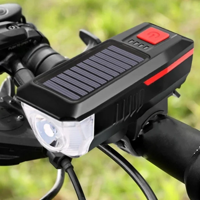 BUĞZ Solar Enerjili USB ile Şarj Edilebilir Ledli Bisiklet Feneri Kornalı ve Su Geçirmez Far