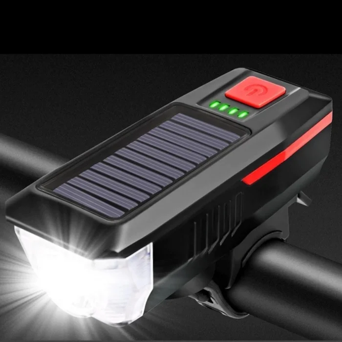 BUĞZ Solar Enerjili USB ile Şarj Edilebilir Ledli Bisiklet Feneri Kornalı ve Su Geçirmez Far