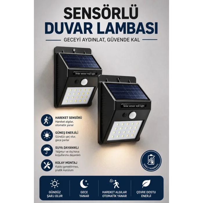 BUĞZ Solar Sensörlü Duvar Lambası Bahçe Lamba 20 Led Işık