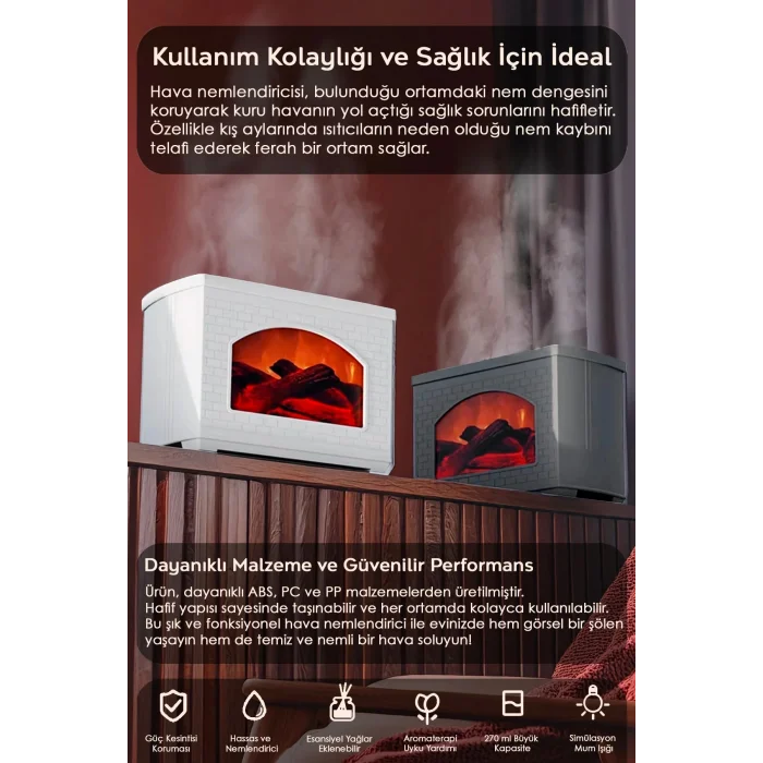 BUĞZ Şömine Tasarımlı Işıklı Hava Nemlendirici - 270 ml Kapasiteli Aromaterapi Difüzörü