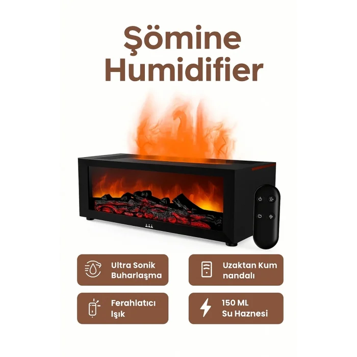 BUĞZ Şömine Tasarımlı Ultrasonik Buhar Makinesi: 150 ML Kapasiteli ve Kumandalı Aroma Difüzörü