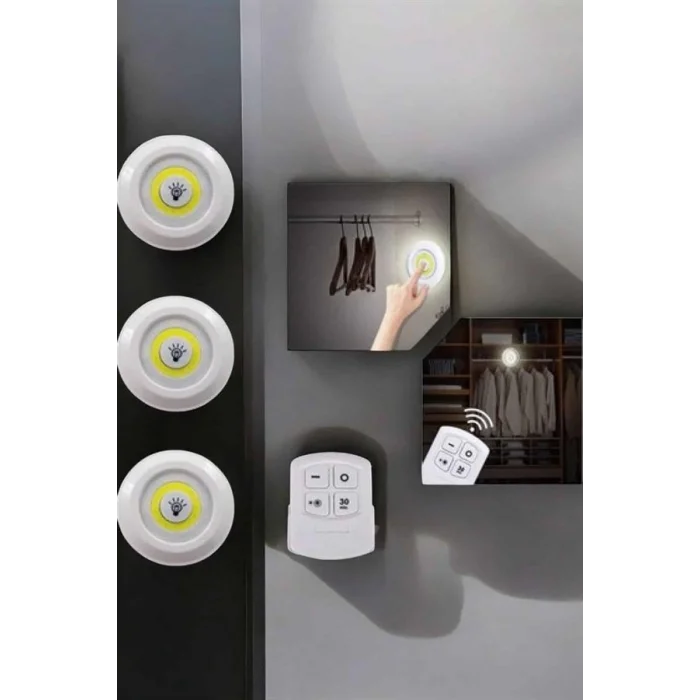 BUĞZ Spot Lamba Led Işık 3lü Uzaktan Kumandalı Pilli Yapışkanlı Kablosuz - Lisinya