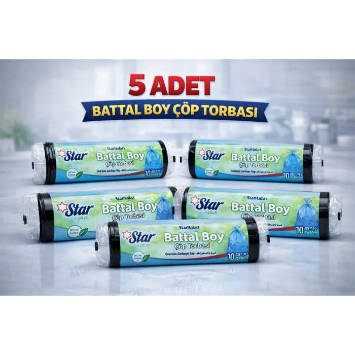 BUĞZ Star Plus Standart Battal Boy Çöp Torbası 75x90 cm 10lu Dayanıklı Büyük Boy Çöp Poşeti 5 Adet