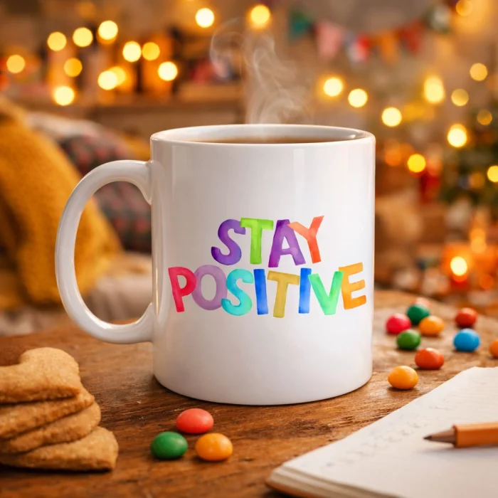 BUĞZ Stay Positive Baskılı Porselen Kupa MODEL 158 – Renkli Motivasyon Yazılı Kahve Kupası – Pozitif Mesajlı Hediye Kupa