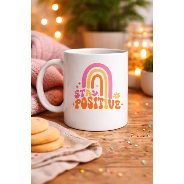 BUĞZ Stay Positive Tasarımlı Porselen Kupa MODEL 144 – Renkli Gökkuşağı Desenli, Motivasyon Veren Kahve & Çay Kupası – Hediyelik Kupa