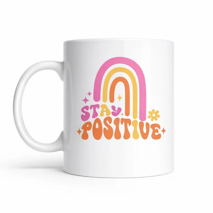 BUĞZ Stay Positive Tasarımlı Porselen Kupa MODEL 144 – Renkli Gökkuşağı Desenli, Motivasyon Veren Kahve & Çay Kupası – Hediyelik Kupa