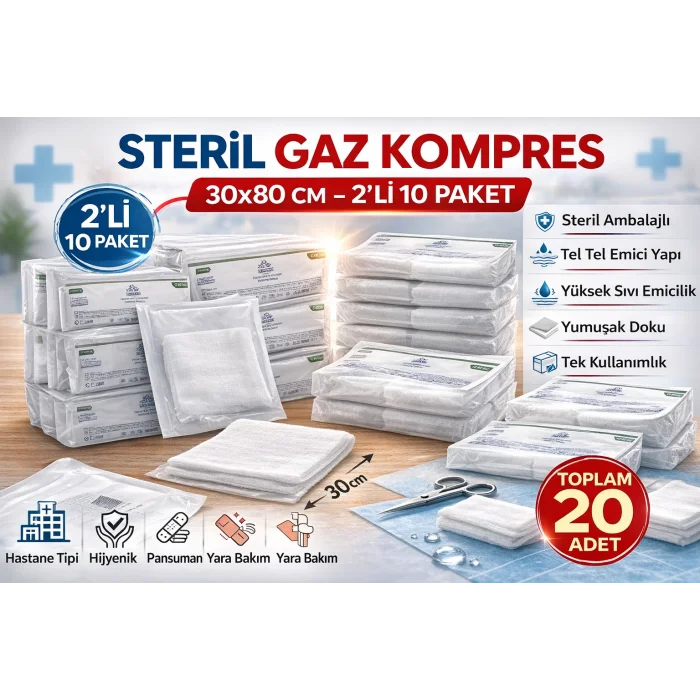 BUĞZ Steril Gaz Kompres 30x80 cm 2li 10 Paket Tel Tel Spanç Steril Gazlı Bez Yara Bakım Kompresi