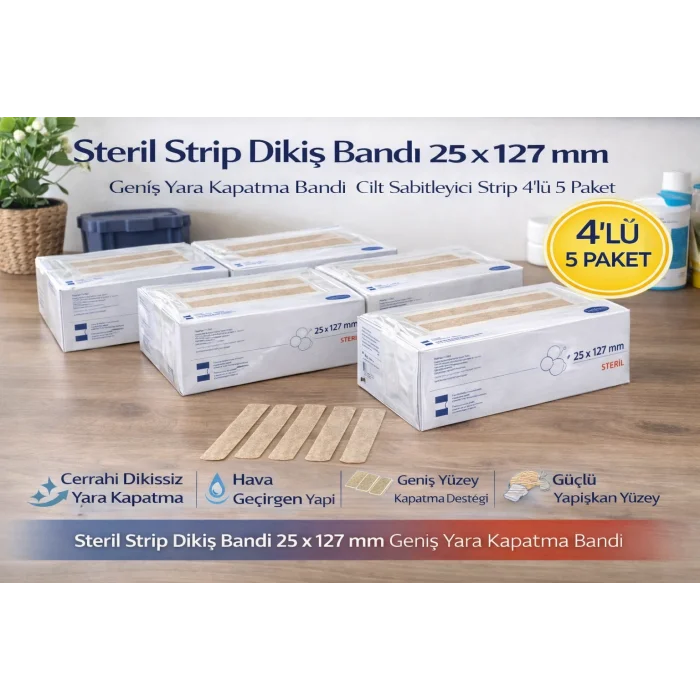 BUĞZ Steril Strip Dikiş Bandı 25 x 127 mm Geniş Yara Kapatma Bandı Cilt Sabitleyici Strip 4’lü 5 Paket
