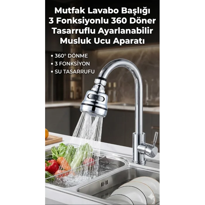 BUĞZ Su Tasarruflu Krom 3 Fonksiyonlu Döner Musluk Ucu Mutfak Evye Banyo Lavabo Çeşme Batarya Aparatı