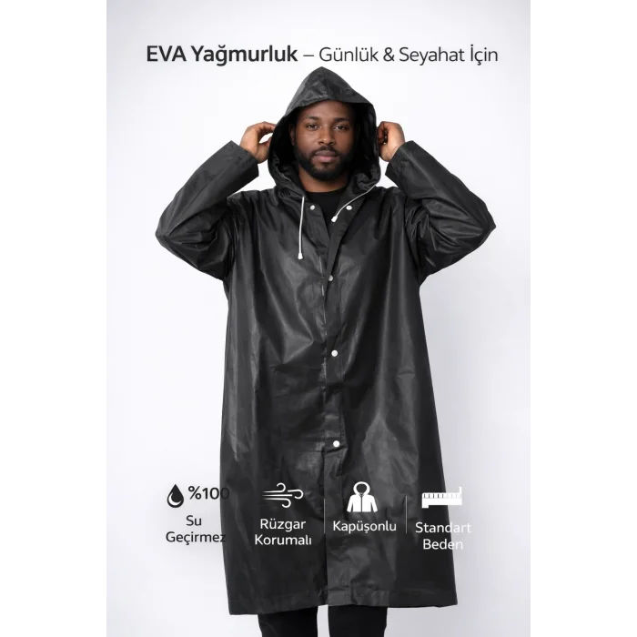 BUĞZ Su ve Rüzgar Geçirmez Siyah Eva Yağmurluk Kapüşonlu Çıtçıtlı Yetişkin Standart Beden