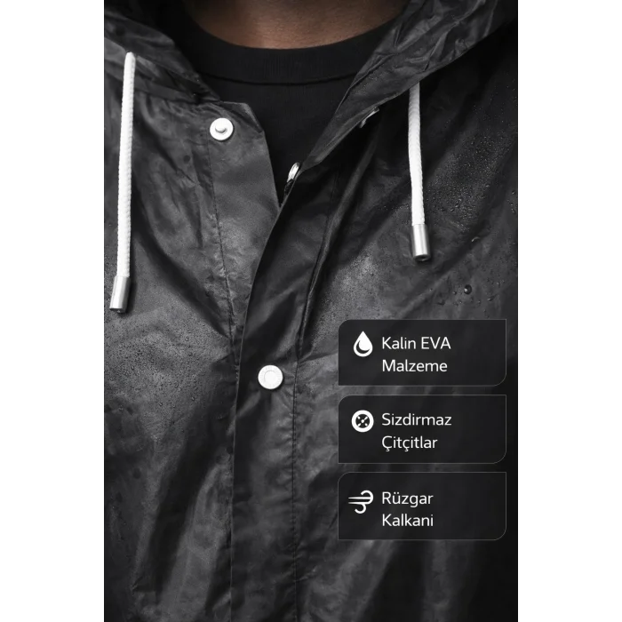 BUĞZ Su ve Rüzgar Geçirmez Siyah Eva Yağmurluk Kapüşonlu Çıtçıtlı Yetişkin Standart Beden
